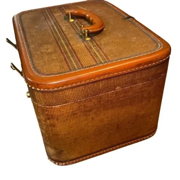 VTG MCM WOODEN, tweed, textured train case w mirror Hard Shell Train/Cosmetic/Ma - Picture 3 of 9